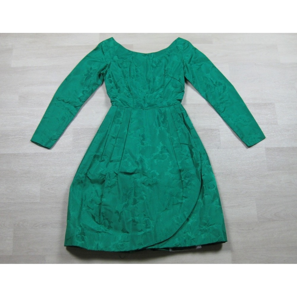 Vintage 50s‎ Cocktail Dress (XXS) Boat Neck Tulip Skirt Green Floral Brocade